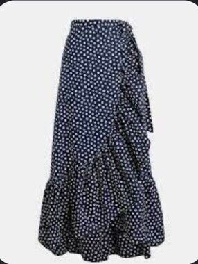 J Crew Cotragecore Country Chic Ruffle Ditsy Ruffle Wrap Navy Midi Skirt Size 10